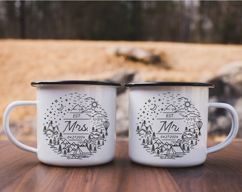 Personalized Wedding Camping Mug, Adventure Mountains Mr Mrs Couples Campfire Mugs, Engagement Wedding Gift For Bride and Groom Fiance