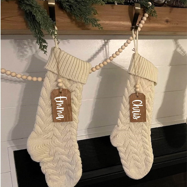 Personalized Christmas Stocking, Knit Christmas Stocking With Wooden Name Tag, Rustic Farmhouse Personalized Stocking, Family Stockings