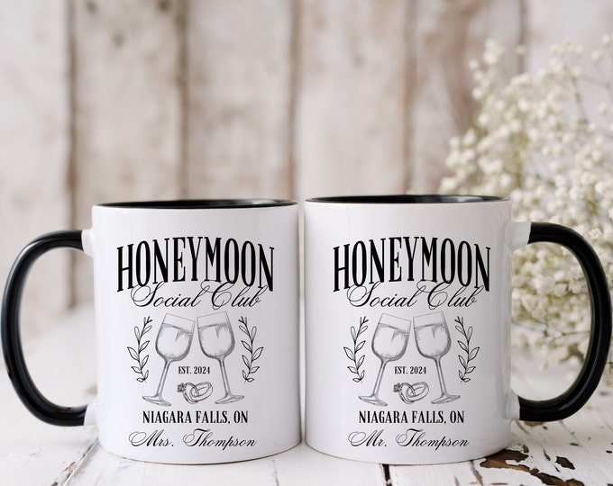 Personalized Mr. and Mrs. Mugs, Custom Honeymoon Social Club Ceramic Wedding Mugs, Wedding Gift, Newlywed Gift