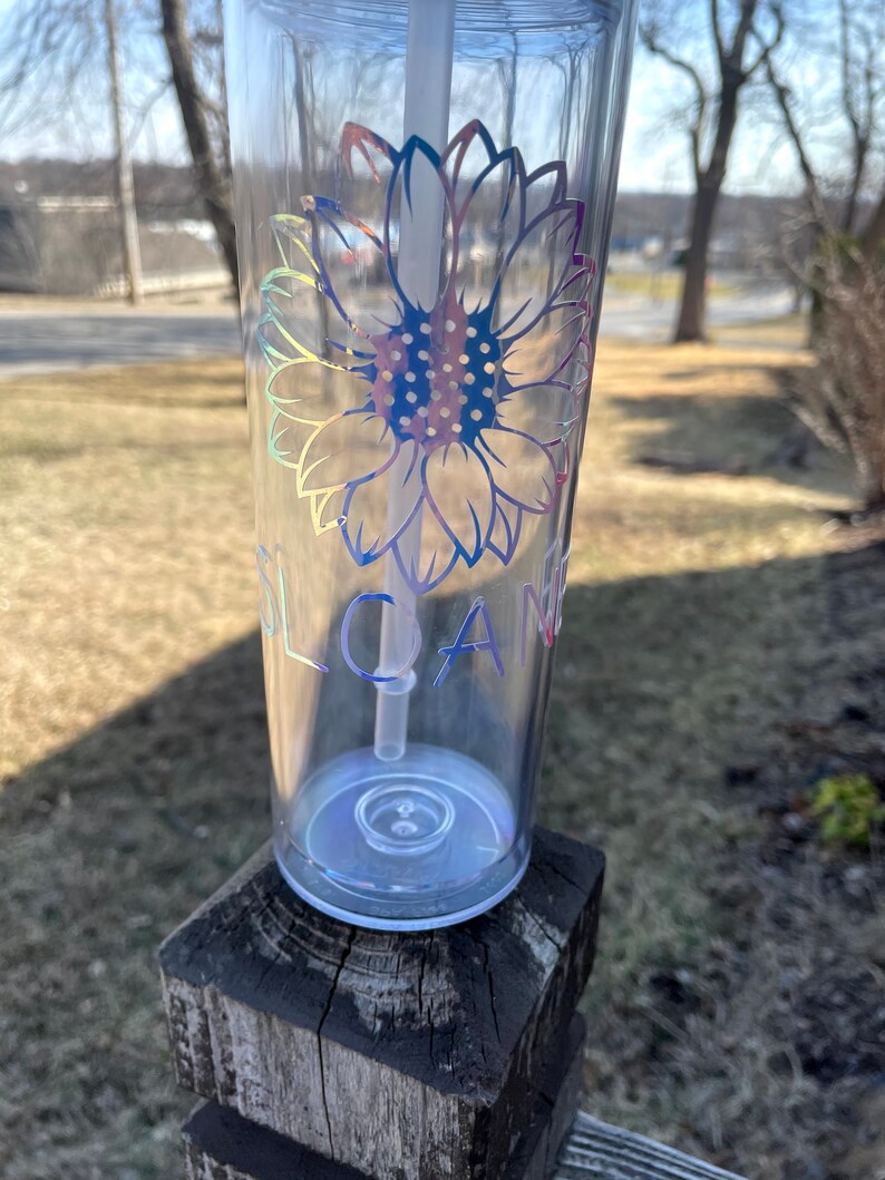 Holographic personalized sunflower tumbler