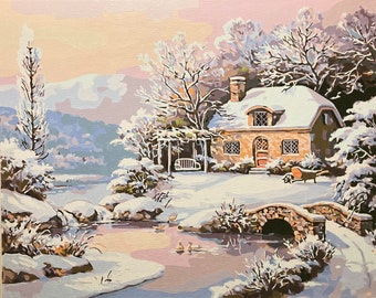 SALE Original Painting Village Snow Scene Winter Wood Frame 20x16 Canvas Mid Century Artist Signed Wall Art Vintage SALE Original Painting Village Snow Scene Winter Wood Frame 20x16 Canvas Mid Century Artist Signed Wall Art Vintage