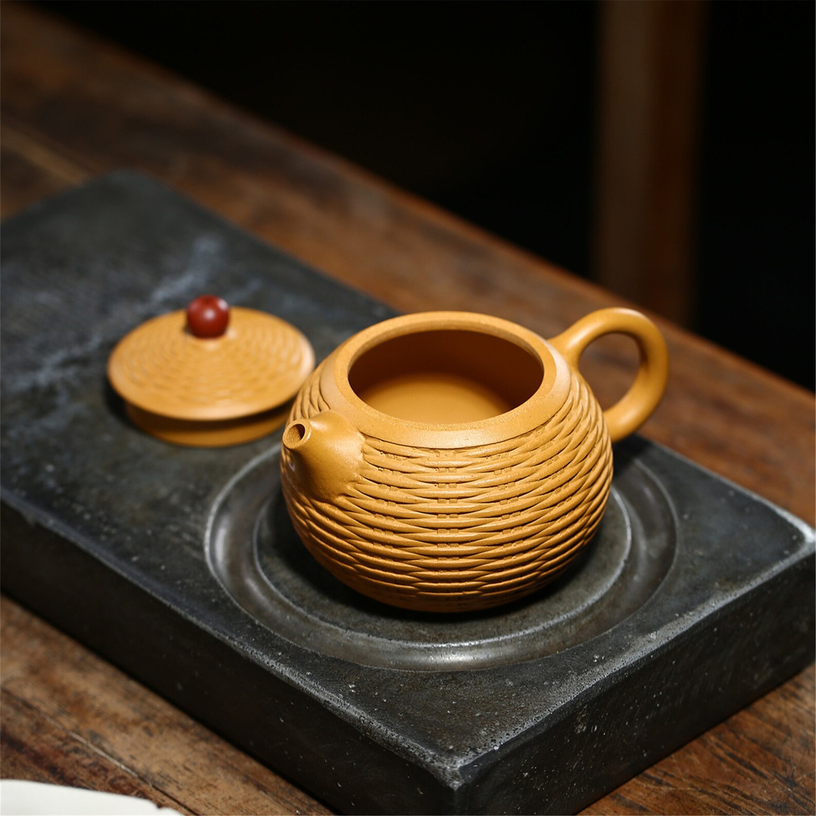 Purple clay teapot with ore gold section clay bamboo woven Etsy