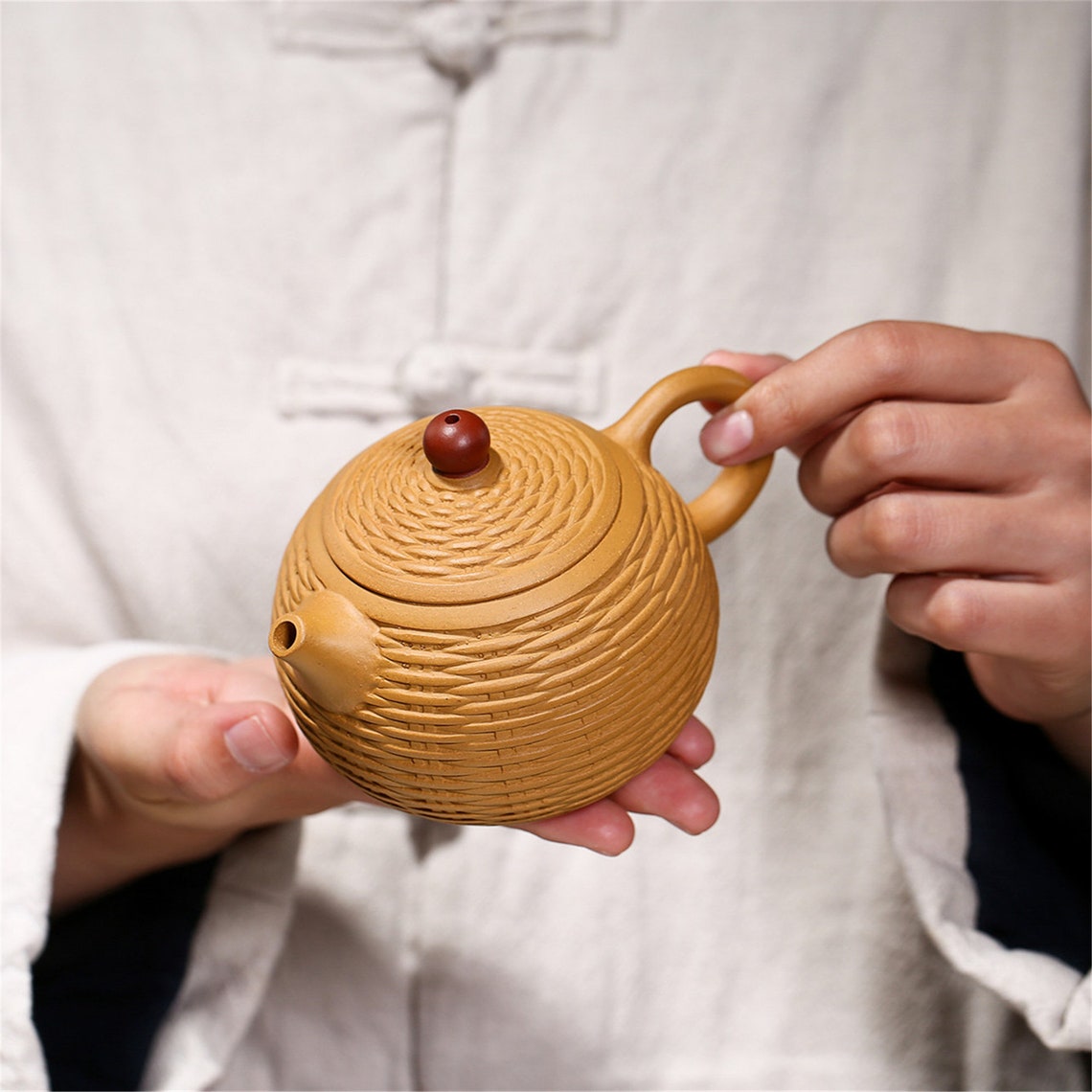 Purple clay teapot with ore gold section clay bamboo woven Etsy