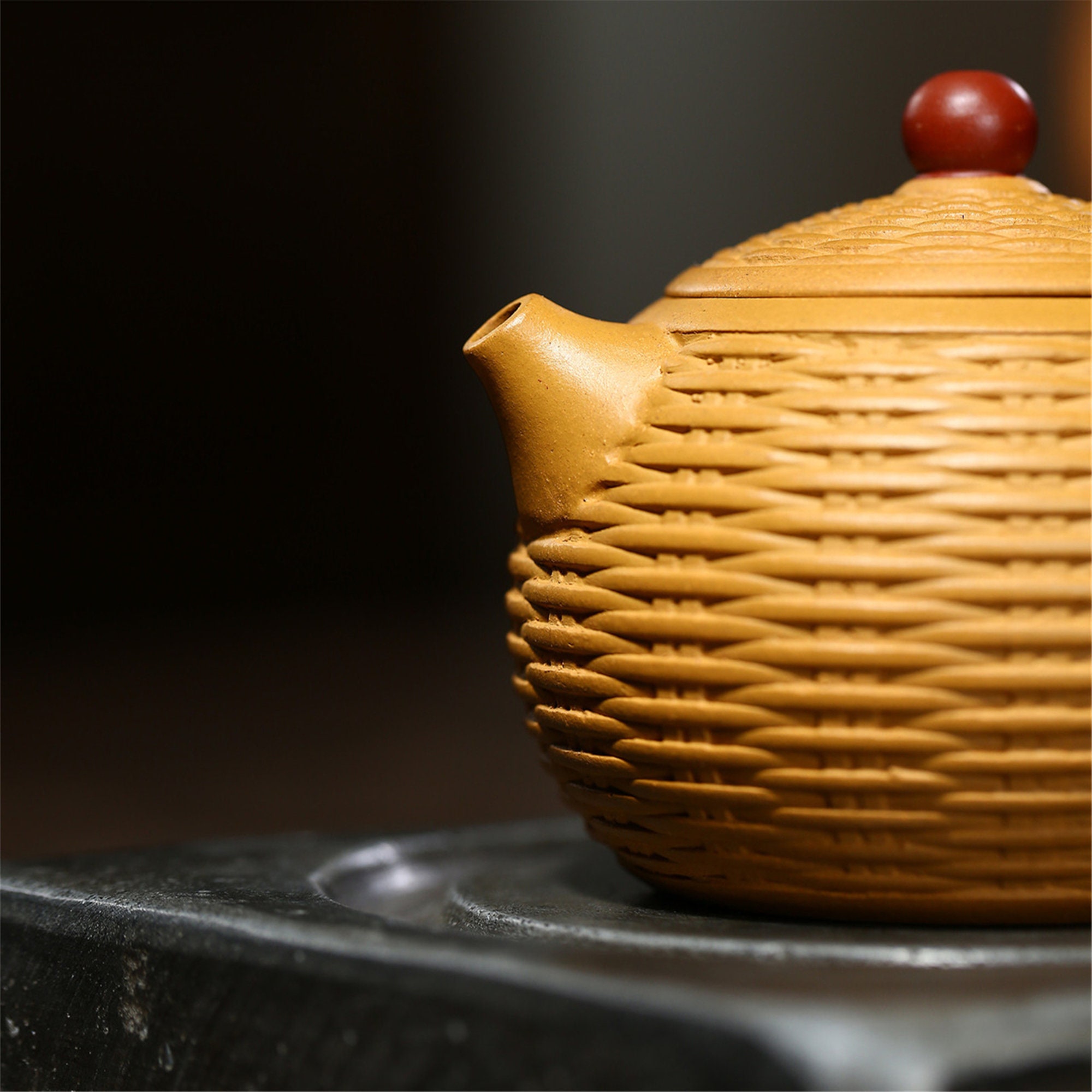 Purple clay teapot with ore gold section clay bamboo woven Etsy
