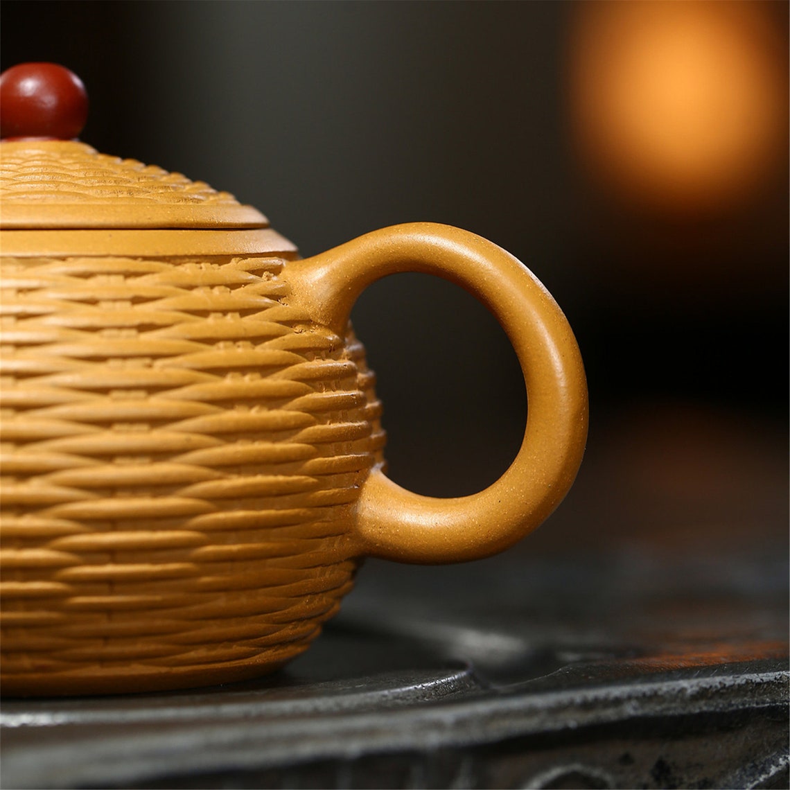 Purple clay teapot with ore gold section clay bamboo woven Etsy