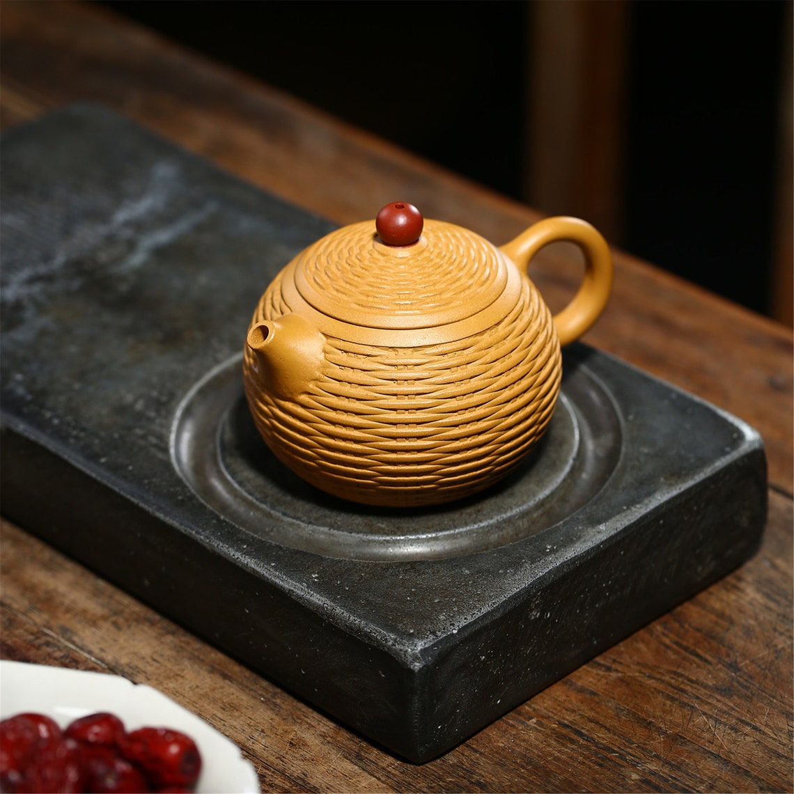 Purple clay teapot with ore gold section clay bamboo woven Etsy