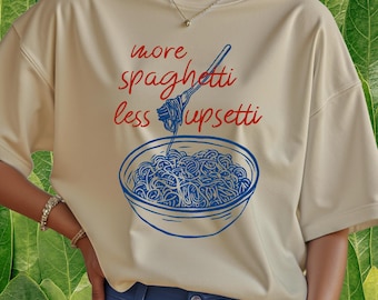 Camiseta "Más espaguetis, menos upsetti" Camiseta retro de espaguetis Regalo divertido para amantes de la pasta Camiseta gráfica italiana extragrande Camiseta de pasta linda