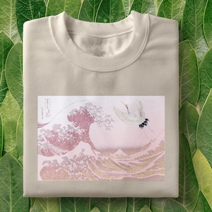 Japanese wave T-Shirt Hokusai shirt, The Great Wave off Kanagawa tee, pink great wave, Japanese inspired, japanese bird, aesthetic shirt image 1