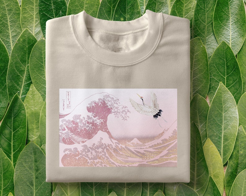 Japanese wave T-Shirt Hokusai shirt, The Great Wave off Kanagawa tee, pink great wave, Japanese inspired, japanese bird, aesthetic shirt image 1