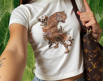 Retro Tiger Baby T-Shirt, Tiger Crop Top, Retro Y2K Baby Tee Geschenk für sie, Tiger T, Ästhetische Liebhaber Top, Vintage Tiger Baby T-Shirt, Trendy Tiger