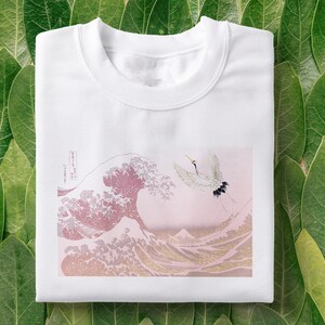 Japanese wave T-Shirt Hokusai shirt, The Great Wave off Kanagawa tee, pink great wave, Japanese inspired, japanese bird, aesthetic shirt image 3
