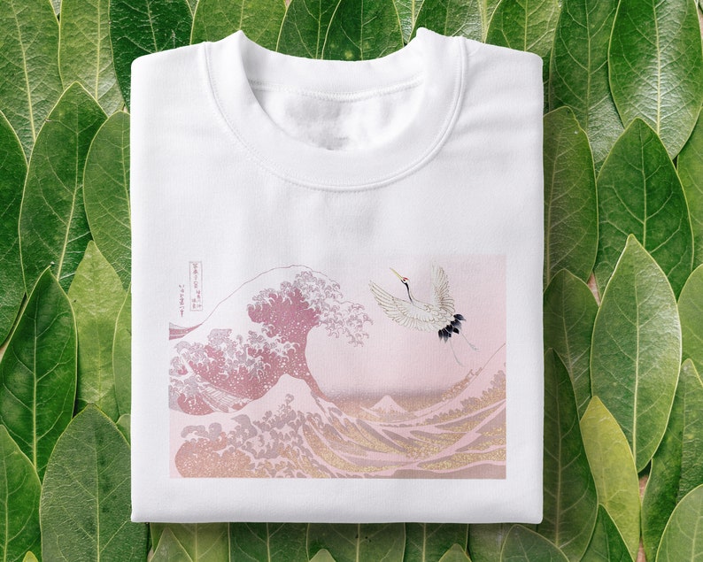 Japanese wave T-Shirt Hokusai shirt, The Great Wave off Kanagawa tee, pink great wave, Japanese inspired, japanese bird, aesthetic shirt image 3
