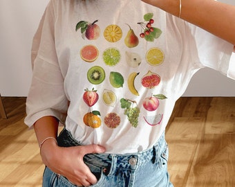 Ästhetisches Obst-T-Shirt, Obst-Grafik-Hemd, süßes Obst-T-Shirt, Obst-Grafik-Hemd, gemischtes Obst, Sammelalbum-Collage-Damen-Kokette-Hemd