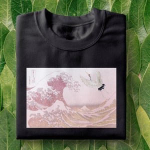 Japanese wave T-Shirt Hokusai shirt, The Great Wave off Kanagawa tee, pink great wave, Japanese inspired, japanese bird, aesthetic shirt image 2