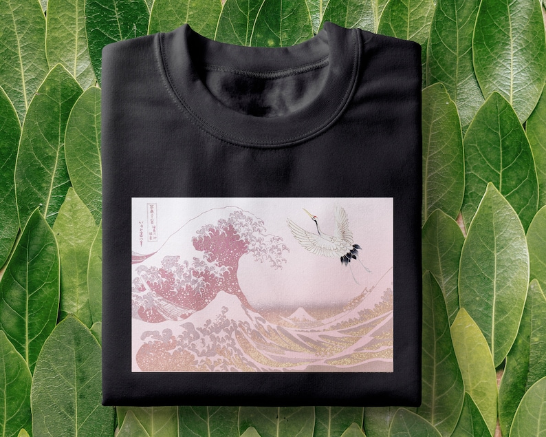 Japanese wave T-Shirt Hokusai shirt, The Great Wave off Kanagawa tee, pink great wave, Japanese inspired, japanese bird, aesthetic shirt image 2