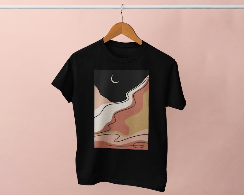 Boho Art T-Shirt | Spring T-Shirt, Art Tee, Trendy Graphic Tee, Boho Landscape, Spring Fashion Top, Minimalist Tee, Moon Abstract Tee, Night image 1