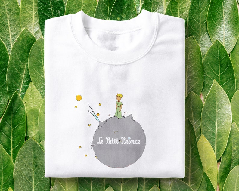 Puede incluir: Camiseta blanca con un gr&aacute;fico de El Principito de pie en un asteroide. El texto "Le Petit Prince" est&aacute; impreso debajo del gr&aacute;fico.