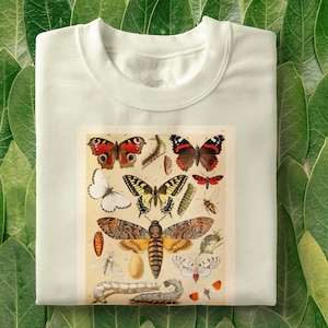 Op de afbeelding: Een wit T-shirt met een vintage illustratie van verschillende vlinders en motten. De illustratie bevat een verscheidenheid aan kleuren, waaronder rood, oranje, geel, zwart en wit.