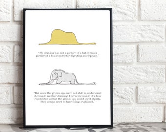 Le Petit Prince Print, Little Prince Poster, Little Prince Illustration, Elephant Hat, Little Prince Quote Print, Boa snake,Digital Download