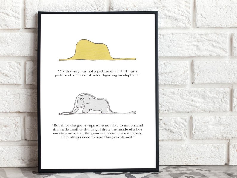 Le Petit Prince Print, Little Prince Poster, Little Prince Illustration, Elephant Hat, Little Prince Quote Print, Boa snake,Digital Download image 1