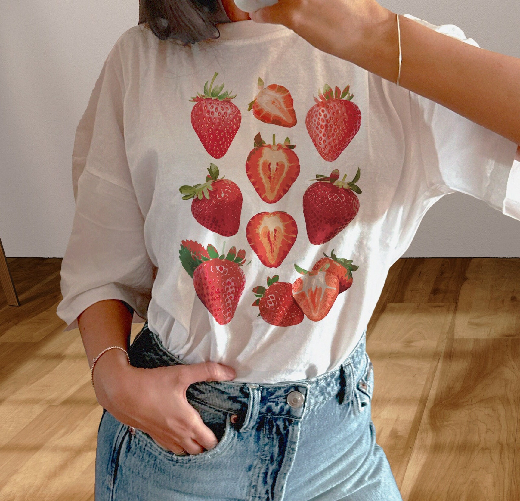 T-shirt Fraises Ferme - Motif Vintage, Coton Léger, Coupe Classique