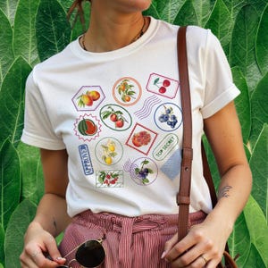 Summer Fruit Stamp T-Shirt: Vintage Cottagecore Farmer&#39;s Market Tee