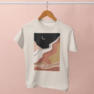 Boho Art T-Shirt | Spring T-Shirt, Art Tee, Trendy Graphic Tee, Boho Landscape, Spring Fashion Top, Minimalist Tee, Moon Abstract Tee, Night image 2