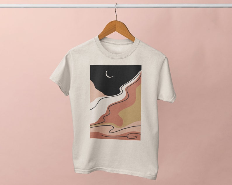 Boho Art T-Shirt | Spring T-Shirt, Art Tee, Trendy Graphic Tee, Boho Landscape, Spring Fashion Top, Minimalist Tee, Moon Abstract Tee, Night image 2