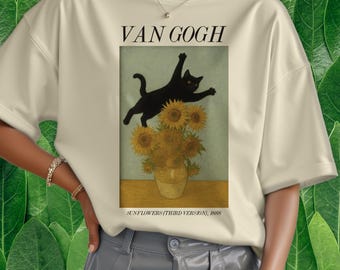 Camiseta de gato de Van Gogh, camiseta de pintura, amantes del arte, camiseta de gato negro, camiseta estética divertida