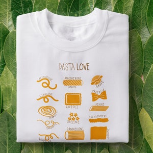 Pasta Formen Illustration T-Shirt | Süßes Pasta Top, Italienisches Essen Shirt, Arten von Pasta, Italienische Pasta Top, Italienische Food Liebhaber, Foodie Geschenk
