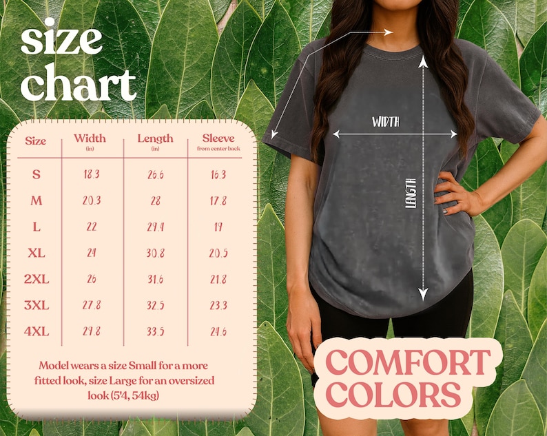 May include: A size chart with measurements in inches for a t-shirt, alongside a model wearing a gray t-shirt. The chart includes sizes S to 4XL, with width, length, and sleeve measurements. The text "COMFORT COLORS" is also visible.