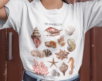 -shirt coquillages | chemise vintage coquillages, conque, illustrations vintage, vintage pour femmes mignonnes, t-shirt Sealife, haut aquatique, marine, océan