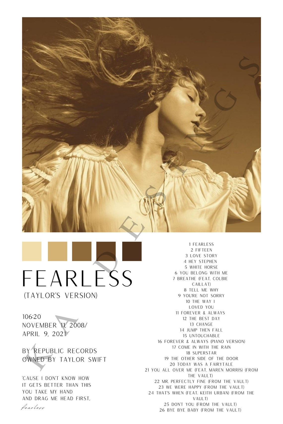 Taylor Swift Fearless Album Cover Poster Art Taylor's Etsy