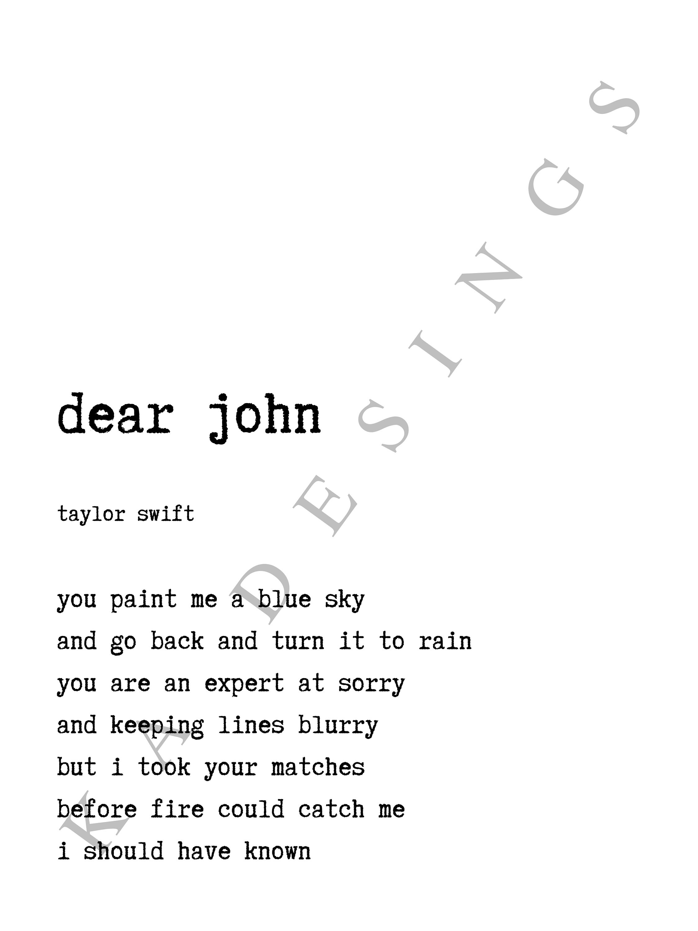 Taylor Swift 'Dear John' Lyrics Printable Download | Etsy