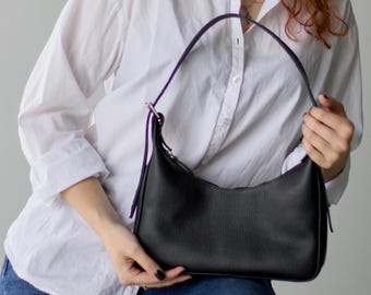 Vtg Y2K 2000s Black Leather Shoulder Bag Baguette Purse Silver