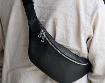 Handmade fanny pack, leather mens crossbody belt bag, custom chest bag for men, black shoulder bag, customized sling bag, gift for dad