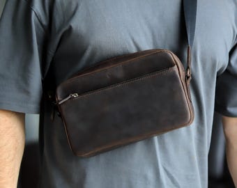 Small leather crossbody bag, handmade brown mens shoulder bag, custom mens messenger bag, gift for dad, husband gift, gift for boyfriend