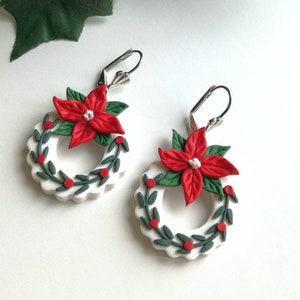 Christmas Earrings,Christmas Wreath Earrings, Polymer Clay Earrings, Holiday Earrings,Gifts for Her, Poinsettia Earrings, Personalized Gifts