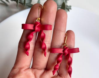 Red Bow Earrings, Holiday Earrings, Gifts for Her, Personalized Gifts, Polymer Clay Bow Earrings,