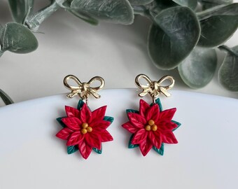 Red Poinsettia Earrings, Holiday Earrings, Christmas Earrings  Polymer Clay Earrings, Personalized Gifts ,Gifts for Her, Poinsettia Earrings