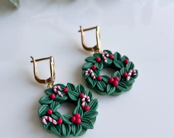 Christmas Earrings,Christmas Wreath Earrings, Polymer Clay Earrings, Holiday Earrings,Gifts for Her, Poinsettia Earrings, Personalized Gifts