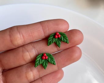 Handmade Christmas Holly Leaf Stud Earrings,  Frosted Holly or Classic Green, Festive Christmas Earrings, Polymer Clay Holly Leaf Earrings,
