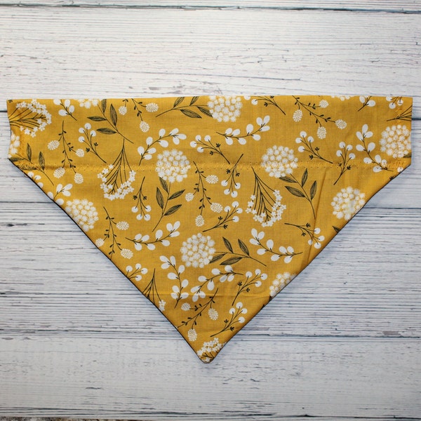 Mustard Wildflower Dog Bandana, Over the Collar, Collar slips through, No Tie Bandana, Dog Neck Scarf, Pet Neck Scarf, Pet Bandana