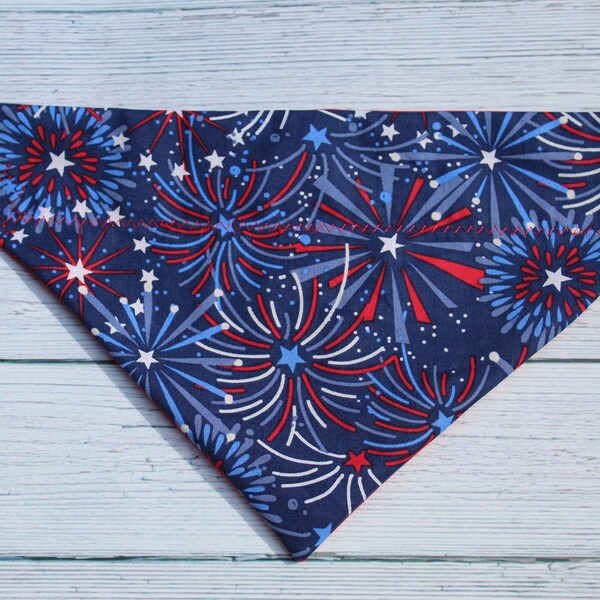 Fireworks Dog Bandana, Over the Collar, Collar slips through, No Tie Bandana, Dog Neck Scarf, Pet Neck Scarf, Dog Bandana