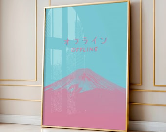 Japanese Minimal Wall Art, Lofi Glitch Poster, Mt Fuji Neon Print, Offline Cyberpunk Design, Katakana Symbols, Japan, Pink and Cyan