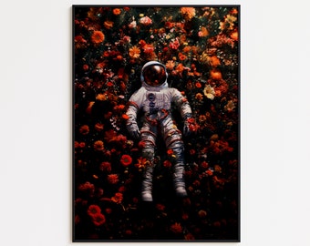 Dreamy Astronaut Art Print, NASA Space Decor, Retro Spaceman Poster, Floral Wall Art, Gift for Space Lovers, Size A4/A3/A2/A1
