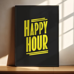 Happy Hour Bar Art Print, Black Mancave Poster, Home Bar Decor, Bachelor Pad Framed Print, Games Room Wall Art, Size A4/A3/A2/A1