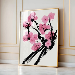 Cherry Blossom Art Print, Pink Sakura Flowers Wall Art, Traditional Japanese Ink, Classic Japan Drawing, Digital Download Printable
