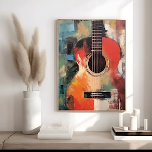 May include: Abstract painting of a guitar with a red, orange, and yellow body and a black neck. The background is a mix of blue, green, and brown.