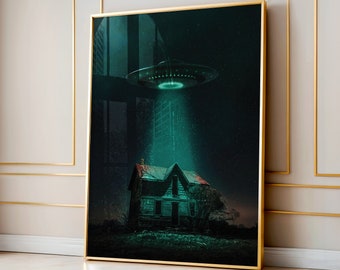 Alien UFO Print, Alien Wall Art for Sci-Fi Fans, Conspiracy Theory Poster, Spooky Decor, Space Print, For Gaming Room, Area 51 Art, Horror